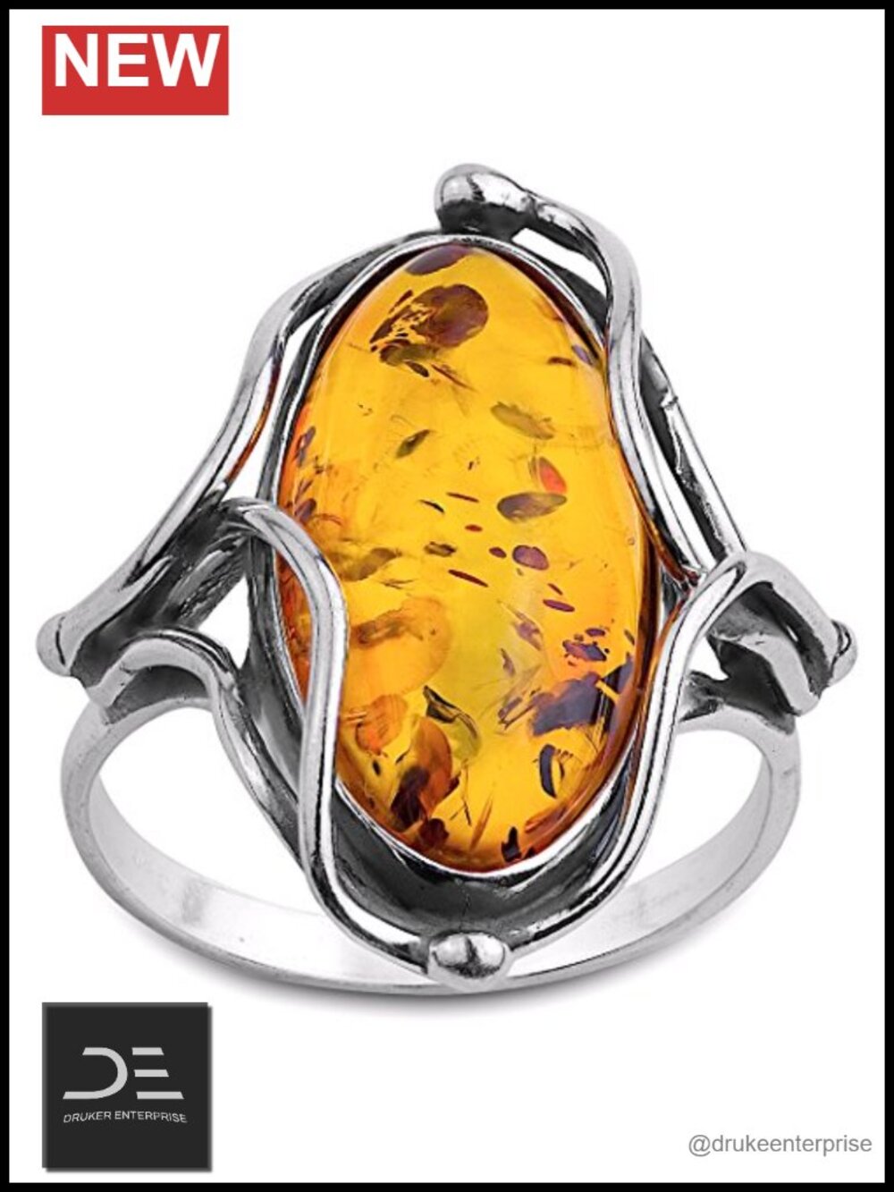 Sterling Silver Genuine Amber Statement Ring Size 10 Bezel Set